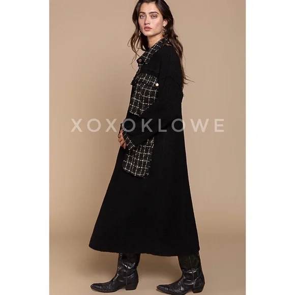 POL Black Sherpa Tweed Long Jacket | Relaxed Fit Faux Fur Sparkly Maxi Coat - Picture 4 of 11